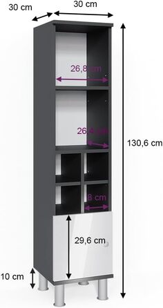 Пенал для ванної Vicco Fynn, білий глянець/антрацит, 30x130.6 см, мала дверцята