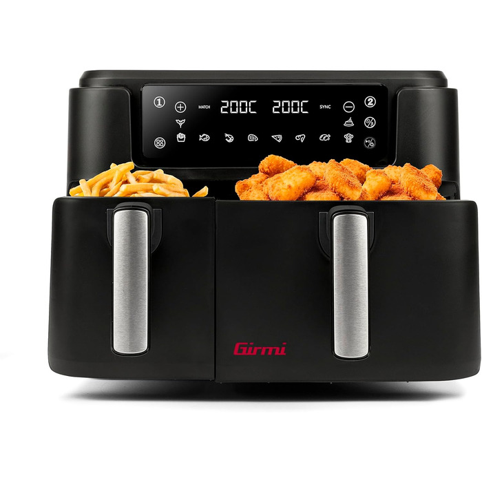 Аерофритюрниця Girmi FG26 Ecofrit Bis з двома зонами приготування, 9 л, 2400 Вт, цифровий дисплей, антипригарне покриття, чорна