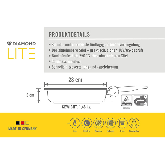 Сковорода квадратна Woll Diamond Lite 28x28 см, алюмінієва, антипригарна, знімна ручка, для газу, електро, галогену, духовки