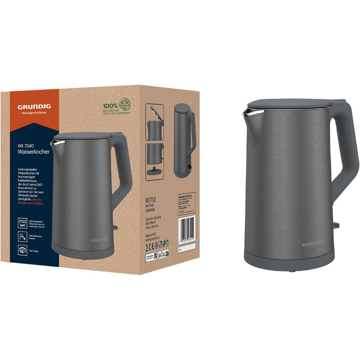 Електрочайник Grundig WK 7340, 2150 Вт, 1,5 л, нерж. сталь, подвійна стінка, авто-вимкнення, Dark Inox