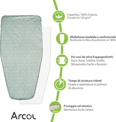 Чохол для прасувальної дошки Foppapedretti ARCOL, еластичний, 100% бавовна, з затискачем, зелений, сучасний дизайн, зроблено в Італії