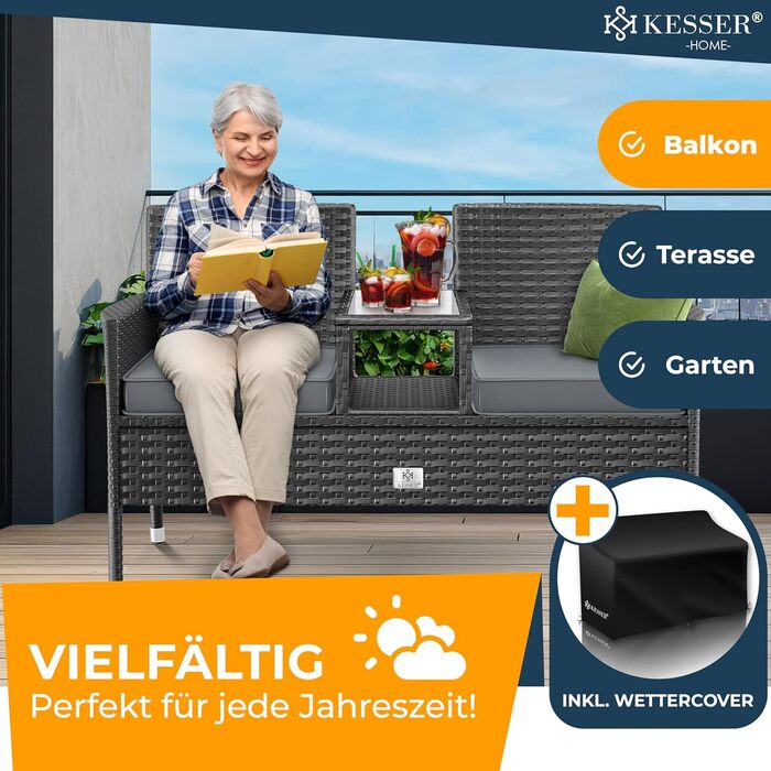 Садовий диван KESSER® з ротангу на 2 особи з вбудованим столиком, 143×63×88 см - стійкий до погодних умов, комплект з подушками та чохлами, антрацит