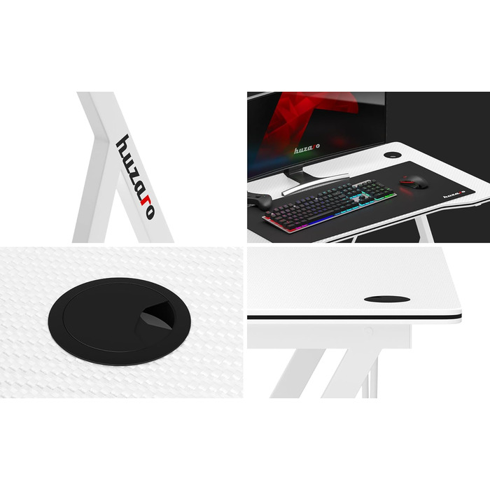 Ігровий стіл Huzaro Hero 1.4, 100x50 см, білий, сталева конструкція, карбонова стільниця, з отворами для кабелів, для комп'ютера, офісу, геймінгу