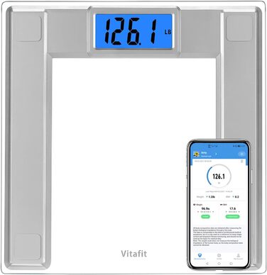 Смарт-вага Vitafit 250 кг, електронна вага для людей з вимірюванням ваги та ІМТ, Bluetooth, синхронізація з додатком, 8 мм загартоване скло, широка платформа, срібляста