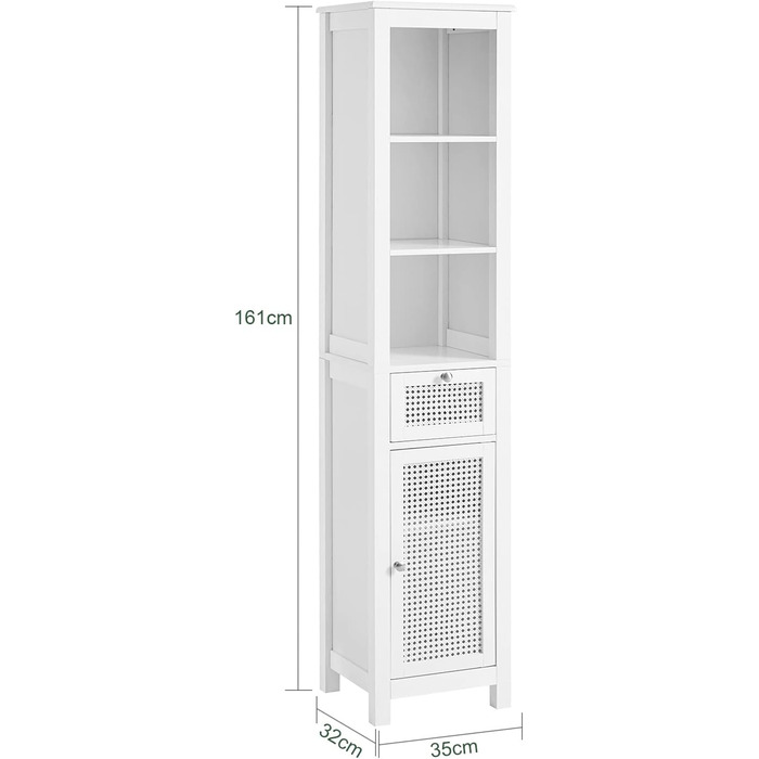 SoBuy BZR36-W Високий шафа для ванної з ґратчастим фасадом, білий, з 3 відкритими полицями, 1 шухлядою та 1 дверцятами, 35x161x32 см