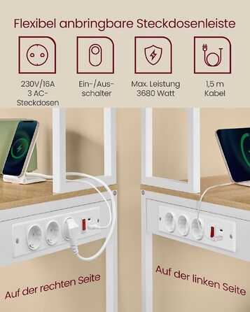 Кухонна стійка-полиця VASAGLE з LED-підсвіткою та розетками, стелаж для мікрохвильової печі з регульованими полицями та 8 гачками, 40 x 80 x 168,4 см, колір золотий дуб та білий матовий (KKS050YA01)