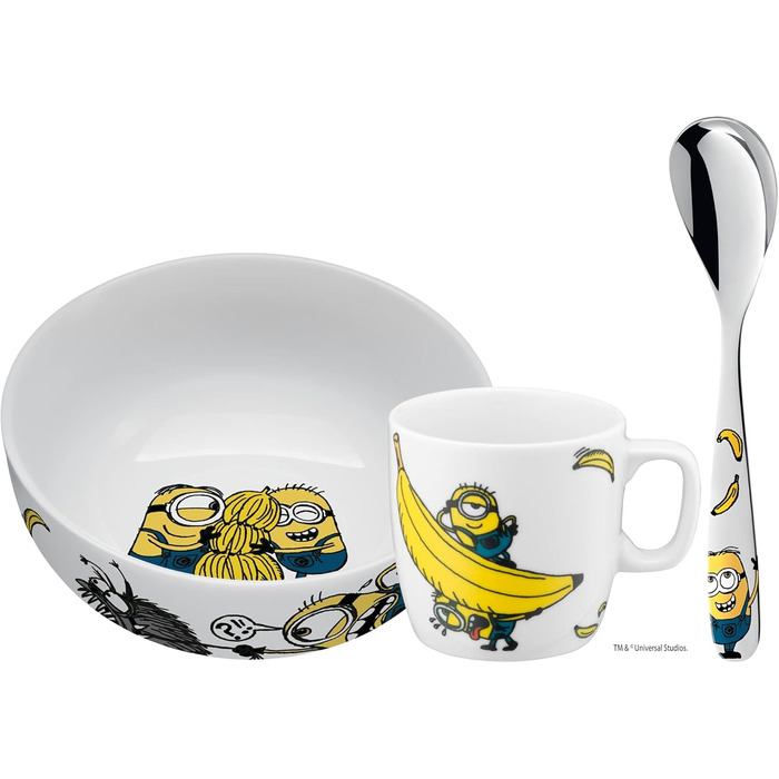 Набір дитячого посуду Minions WMF з порцеляни (3 шт.) з ложкою, від 3 років: тарілка, чашка, ложка, для сніданку, безпечний, миється в посудомийній машині