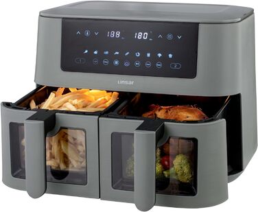 Linsar Dual Zone аерофритюрниця з двома камерами, 8 л, 2 кошики зі скляним вікном, сенсорне управління, 9 програм, Dual Cook, синхронізація, 2570-3040 Вт, чорна