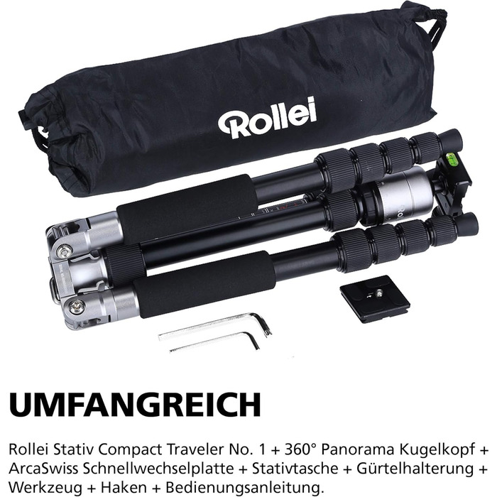 Rollei Compact Traveler No. 1 – легкий алюмінієвий туристичний штатив 31,5 см, Arca Swiss, з кульовою головкою і чохлом, сріблястий