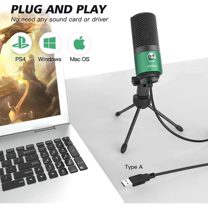 FIFINE USB мікрофон для ПК, Mac, PS4/PS5, студійний конденсаторний мікрофон зі стійкою, зелений