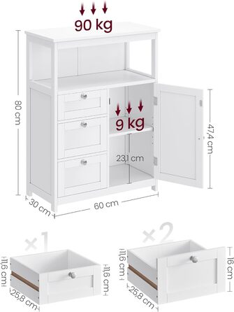 VASAGLE шафа для ванної, білий, 3 шухляди, дверцята, регульована полиця, 30x60x80 см