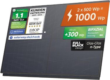 Сонячна панель Solarway 500W Full Black Bifacial Glass-Glass n-type, двосторонній фотоелектричний модуль з позитивною толерантністю (комплект 2 шт) для балконних електростанцій