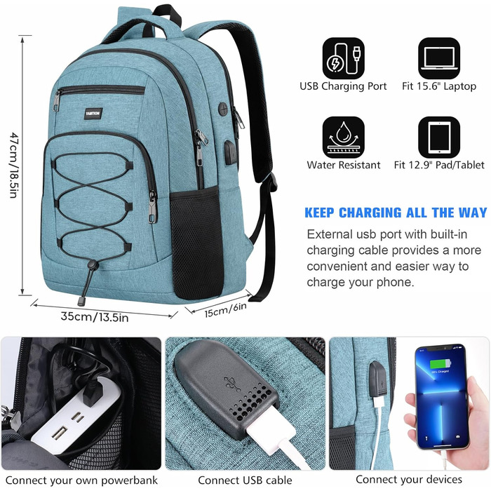 Рюкзак YAMTION для підлітків і студентів, шкільний рюкзак з USB, 15.6