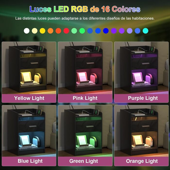 Сучасна приліжкова тумба Lvhecforhm чорна з LED підсвіткою, регульованими кольорами, 2 відкритими полицями, для спальні чи вітальні, 40x30x64 см