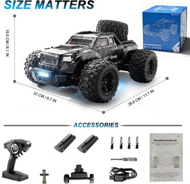 Радіокерований позашляховик Monster Truck 1:16 4WD 40 км/год, водонепроникний, з двома акумуляторами, чорний
