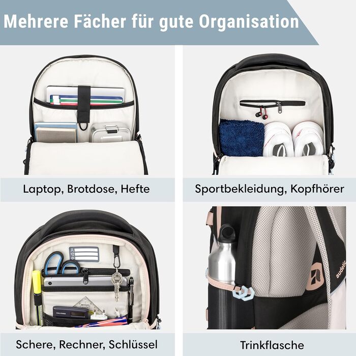 Шкільний рюкзак AUDETIC Cosmo для підлітків, чорний/рожевий, водостійкий, ергономічний, з багатьма відділеннями, для школи та відпочинку, для дівчат і хлопців, 5 клас