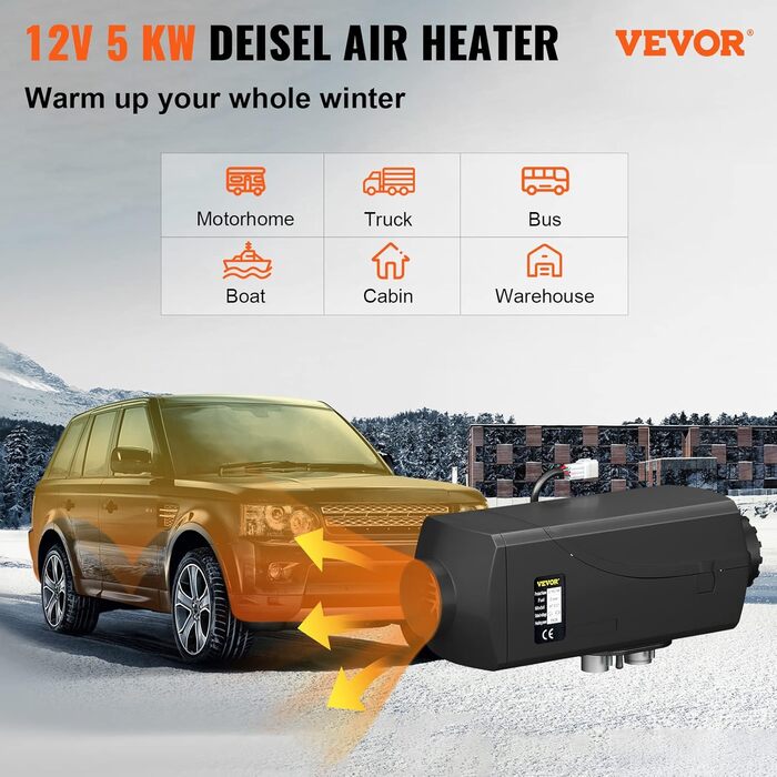 Автономний дизельний опалювач VEVOR 12V 8kW з LCD-дисплеєм та пультом дистанційного керування, 0.16-0.62 л/год, чорний