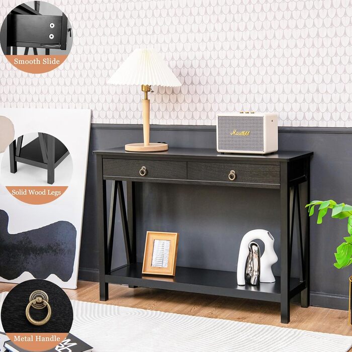 Консольний стіл LIFEZEAL для передпокою з полицею та шухлядою, сучасний дерев'яний стіл з масиву сосни, чорний, 106,5x35,5x78 см, для коридору та вітальні