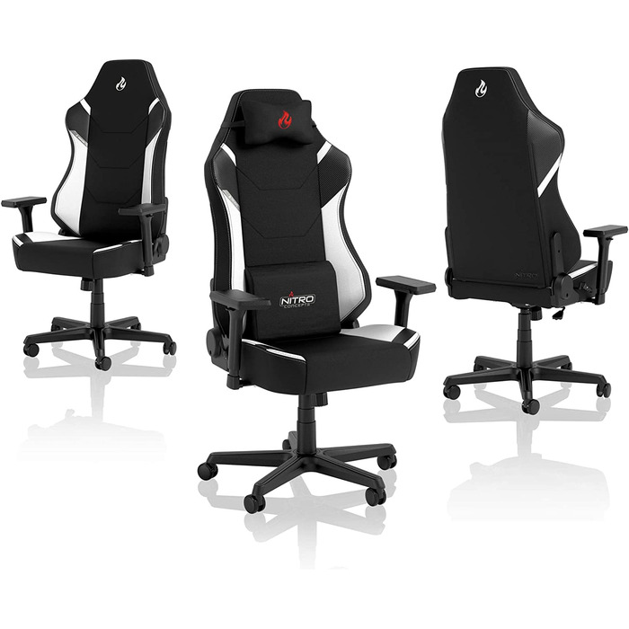 Ігрове крісло Nitro Concepts X1000, ергономічне, тканинне, офісне, на колесах, до 135 кг, чорне/біле, розмір XL