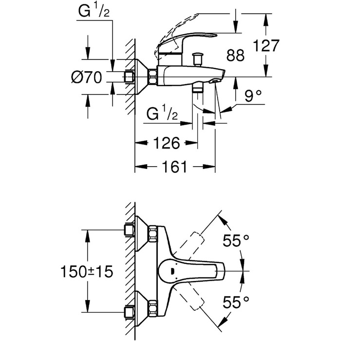 Змішувач для ванни Grohe Eurosmart, хром, з підключенням S, без душової лійки (33300002)