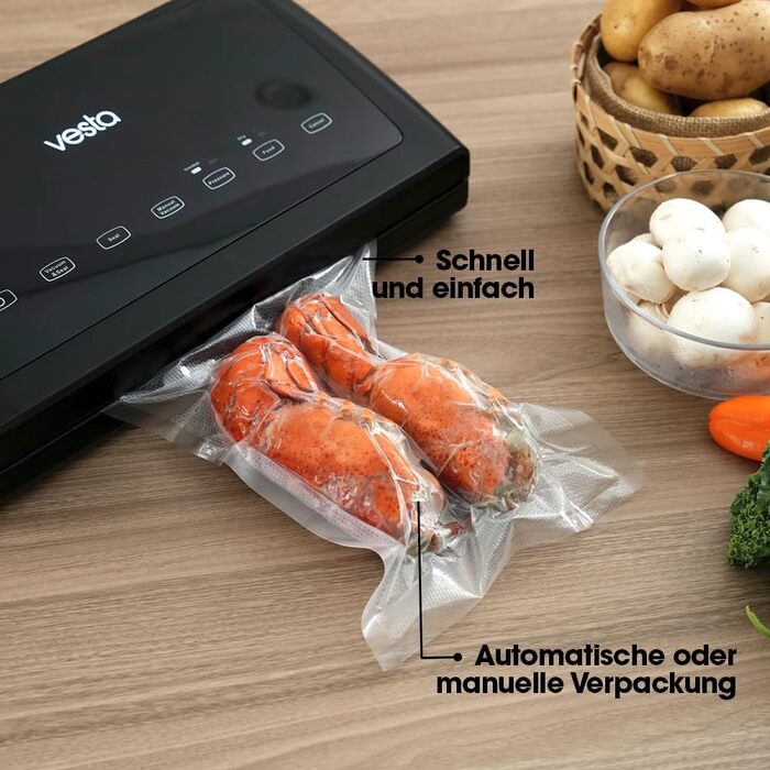 Вакуумний пакувальник Vesta Precision V11 для продуктів, 31 см, чорний - побутовий вакууматор з рулоном для упаковки