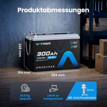 LiFePO4 акумулятор VATRER POWER 12V 300Ah з системою самопідігріву та Bluetooth