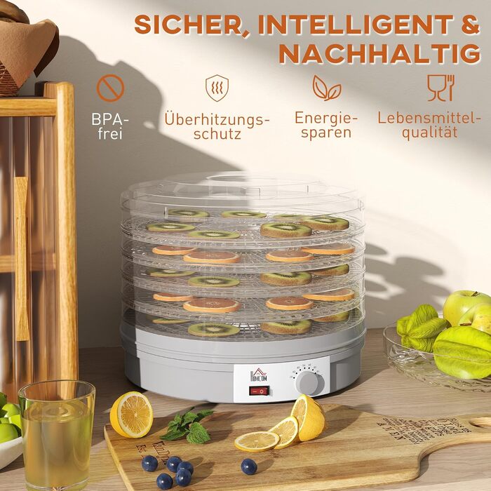 Сушарка для продуктів HOMCOM 245W, 5 лотків, 35-70°C, для фруктів, овочів, м'яса, квітів, без BPA