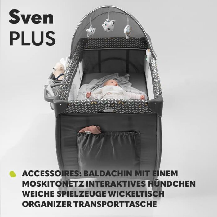 Ліжечко-манеж Lionelo Sven Plus 4-в-1 для немовлят, до 15 кг, з пеленальним столиком, москітною сіткою, вентиляційними боковинами, боковим входом, складне, з сумкою для транспортування