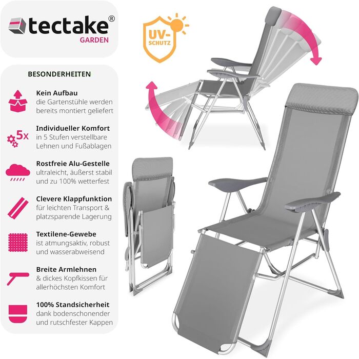 Алюмінієві шезлонги tectake® 2 шт, садові лежаки з 5-позиційною спинкою, складані, з підніжкою та подушкою для голови, для саду, кемпінгу, балкона
