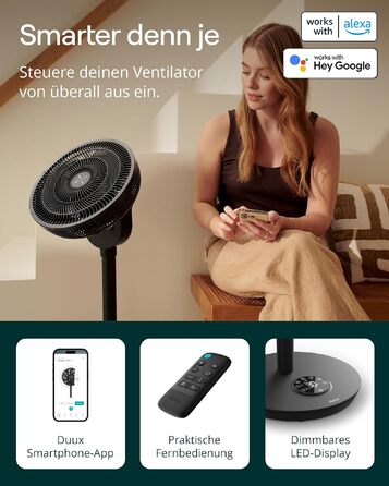 Duux Whisper Flex 2 Smart Вентилятор - Тихий (13 дБ), Нічний режим, Таймер, Регульована висота (54-92 см), Енергоефективний, Керування через App та Пульт - Чорний