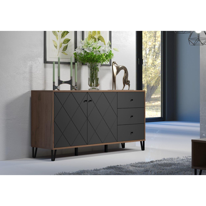 Сервант trendteam smart living Montez, сірий/дуб, 2 двері, 3 шухляди, фрезеровані фасади, металеві ніжки, 183x76x40 см