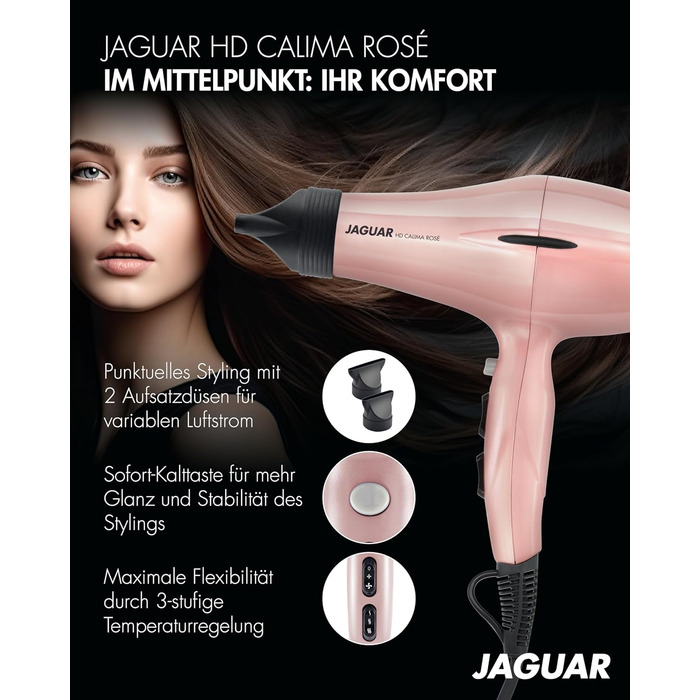 Фен JAGUAR HD CALIMA Rosé, професійний, потужний, з холодним обдувом та регулюванням нагріву і повітряного потоку, для укладання волосся
