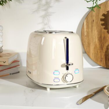 Тостер Salter Retro Creme на 2 тости - 7 режимів підсмажування, розморожування, підігрів, зупинка, підйом тостів, знімний піддон для крихт, автоматичне центрування, тримач для булочок, захист від застрягання, 930 Вт