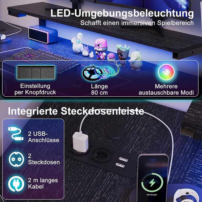 Ігровий кутовий стіл JUMMICO L-подібний 170x95 см з LED підсвіткою, регульованою підставкою під монітор, 3 шухляди, 2 розетки, 2 USB, сталевий каркас та стільниця з дерева (Чорний)