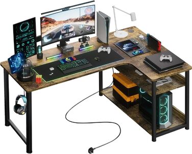 Ігровий стіл COMHOMA з розеткою 120 x 80 см, кутовий стіл з USB-зарядкою та полицею, комп'ютерний стіл L-подібної форми, стіл для офісу/дому, коричневий