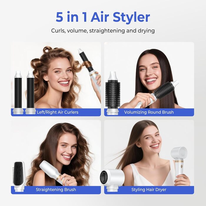 UMIGA Airstyler 5-в-1: Фен-щітка, випрямляч, плойка, об'ємна щітка для волосся 1000W, 3 режими нагріву, рожево-білий