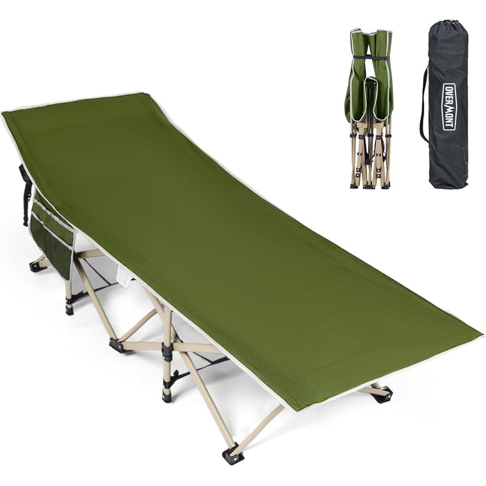 Складне польове ліжко Overmont 190x71x36 см, до 250 кг, 2400D Оксфорд, з бічною кишенею і сумкою, для кемпінгу, саду та офісу
