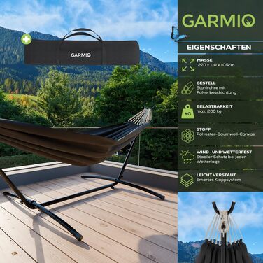 Гамак GARMIO® антрацит 270x110x105 см, сталевий каркас з порошковим покриттям, вантажопідйомність 200 кг, складаний, з сумкою та комплектом для монтажу