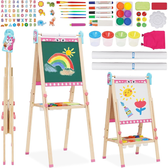 Дитяча мольберт Kinder Staffelei 3 в 1: регульована висота 95-125 см, ролик для паперу, двосторонній, з набором для малювання (100+ шт.), для дітей 3-8 років (рожевий)