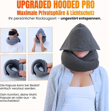Подорожня подушка з капюшоном Hooded Pro з ефектом пам'яті для літака, авто та поїздок, бавовняна начіпка для сну, захист від світла, темно-сіра