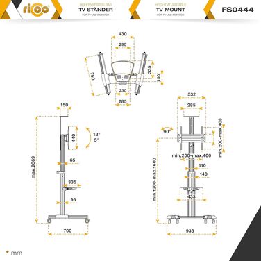 Стійка під телевізор RICOO FS0444 мобільна, регульована по висоті для 40-65