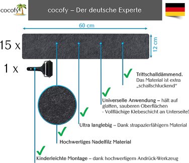Cocofy Набір килимків для сходів з фетру, самоклеючі, 15 шт, 60x12 см, сучасний дизайн, темно-сірі, для внутрішнього використання