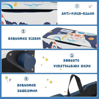 Дитяча іграшкова скриня COSTWAY, м'яка коробка для зберігання знімною кришкою, універсальна лавка з малюнком ракет і планет, для вітальні, дитячої кімнати, садочка (синя)