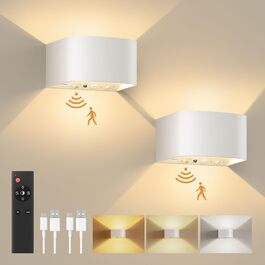 FULEN LED настінний світильник з акумулятором, датчиком руху, 3 кольори, 3 режими, бездротовий, з пультом, для спальні, вітальні, сходів, білий, 2 шт.