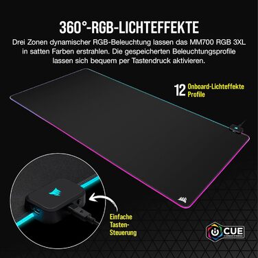 Килимок для миші Corsair MM700 RGB Extended - великий, 930x400 мм, з підсвічуванням RGB, хаб USB, чорний