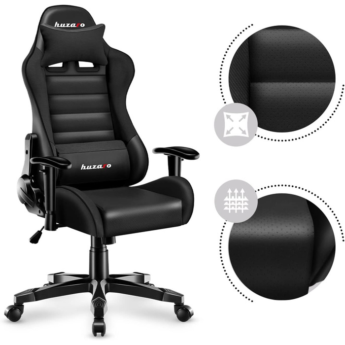 Ігрове крісло Huzaro Ranger 6.0 для дітей, ергономічне, з подушками для шиї та попереку, з підлокітниками, штучна шкіра, сучасний дизайн, чорне