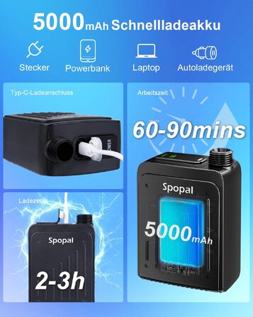 Портативний кемпінговий душ Spopal, водонепроникний IPX8, акумуляторний насос з індикатором рівня заряду та гачком, зарядка Type-C, для подорожей, пляжу, авто та миття тварин