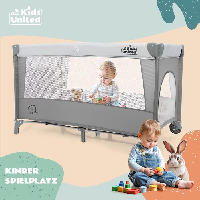 Дитяче ліжко-манеж All Kids United® для подорожей з матрацом, пеленальним столиком, музичним провідником та мобілем (сірий)