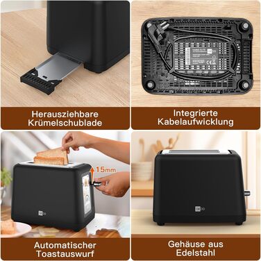 Тостер aeco toastlab Elite 2-слотовий з підставкою для булочок, широкі слоти, 6 рівнів підсмажування, 10 програм, 850W, LCD-дисплей, функція підняття, розморожування, піддон для крихт