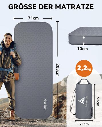 Самонадувний кемпінговий килимок HIKENTURE Comfort Plus, потовщена ізоляційна підстилка для кемпінгу з насосом-мішком, сіра